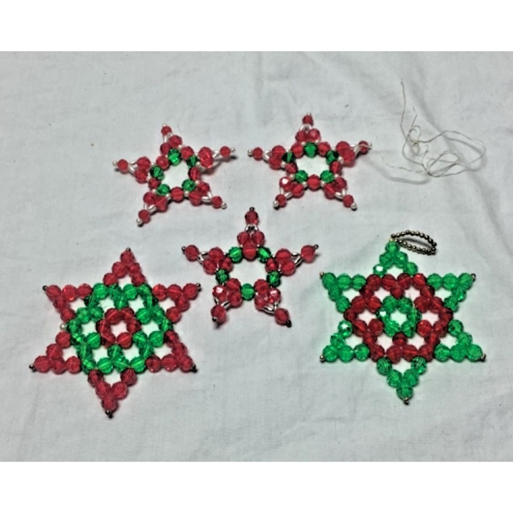 Vintage Handmade Beaded Christmas Star Ornaments Green and Red